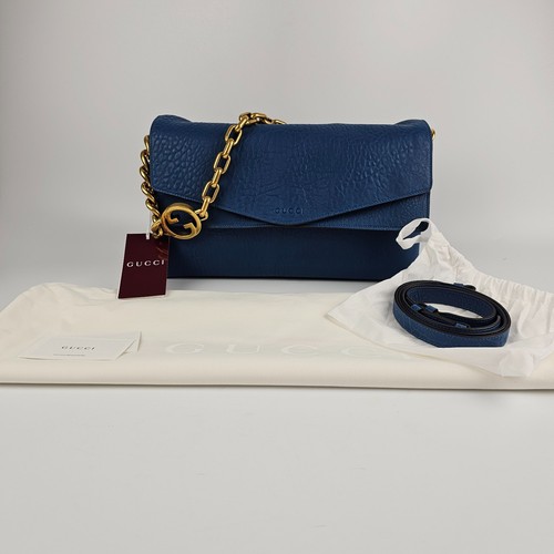 GUCCI $4600 Cobalt Blue GG Leather Large With Chain Shoulder Bag New & Authentic