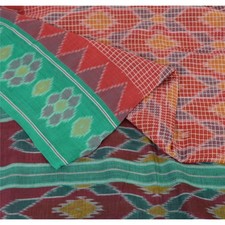 Sanskriti Vintage Saree Red Odisha Hand Woven Ikat Pure Cotton Sari 5Yd Fabric