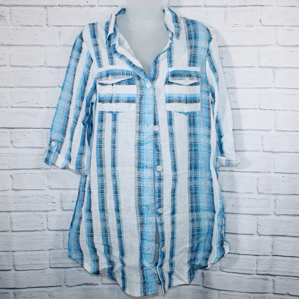 Vestido camisero a rayas de algodón Dotti Mykonos encubrimiento detalle de ganchillo azul talla pequeña Foto 2 de 4