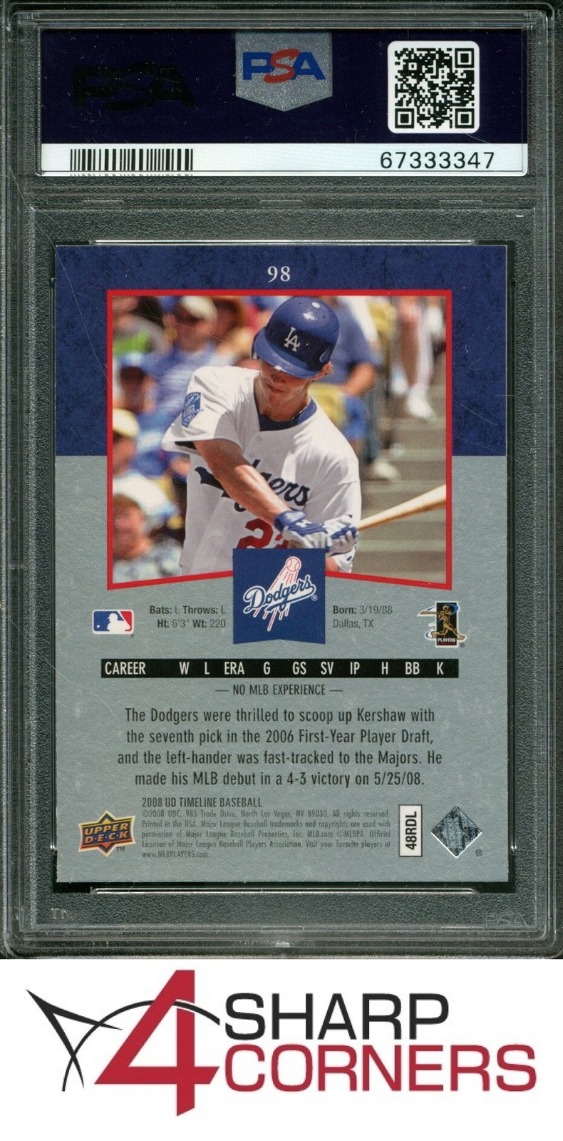 2008 UPPER DECK TIMELINE #98 CLAYTON KERSHAW RC DODGERS PSA 9 view 2