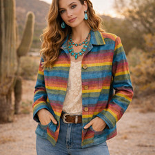 Coldwater Creek Linen Jacket Womens M Rainbow Stripe Artsy Boho Lightweight