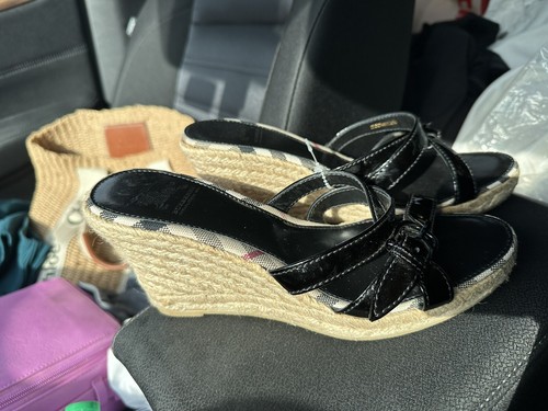 SANDALI SLIDES BURBERRY NERI VERNICE ZEPPA TACCO TG 37 NOVA AUTENTICI