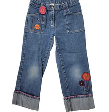 Gymboree Girl's Crop Blue Denim Jeans Flower Appliques Cuff Size 7 Plus 7 CUTE
