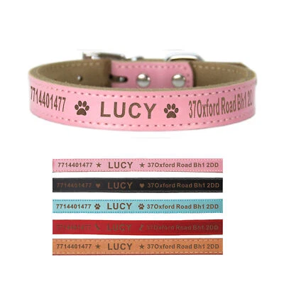 EDSG Personalised Leather Dog Collars Engraved Name Collar Adjustable Pet Name Number