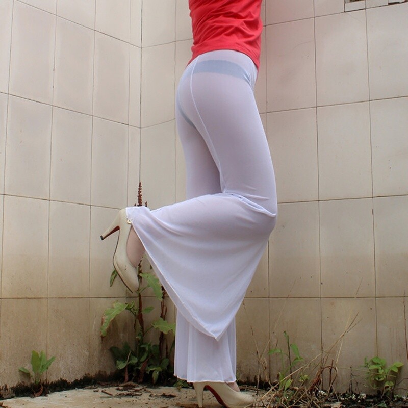 Women Sheer Mesh Flare Pant Bell Bottom See Through Stretch Dance Party Club