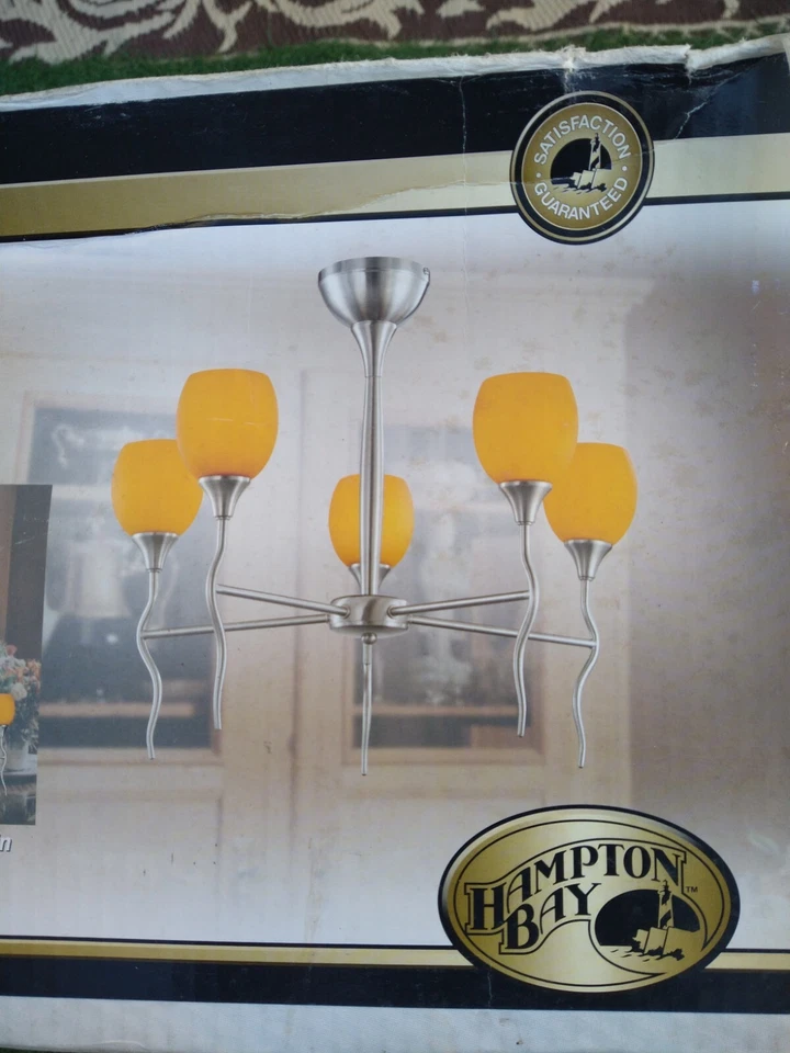 HAMPTON BAY 5-LIGHT CHANDELIER BRUSHED NICKLE W/FROSTED AMBER SHADES - LOT OF 4 - Image 4 of 4