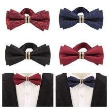 Mens Paisley Crystal Double Layers Bow Tie Rhinestone Pre-tied Stripe Bowtie