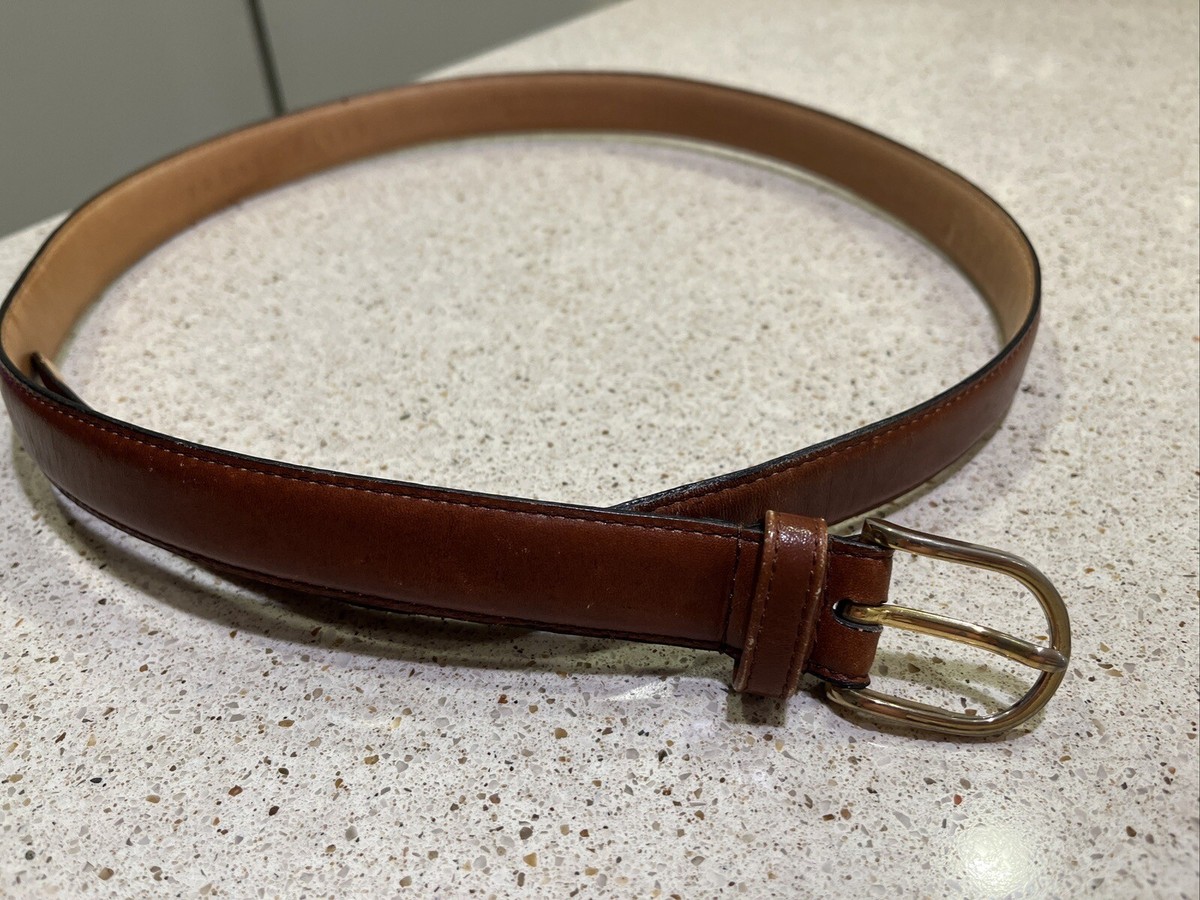 Perry Ellis Women Tan Genuine Leather Slim Belt Gold Buckle Size M EUC Buy Ladies Natural Blank Leather Belt With Gold Buckle Thin  main image 3