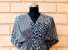 Indian Grey Dot Floral Hand Block Caftan Robes Nighty Maxi Gown Floral Caftan US