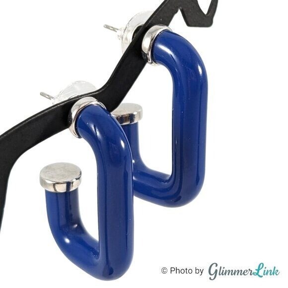 Geometric Blue Rectangular Open Hoop Silver Tone … - image 1