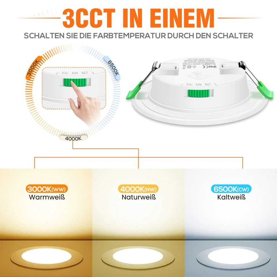 6er LED Panel Einbaustrahler IP65 3CCT Dimmbar 4W-22W Ultraflach Bad Einbauspots - Bild 3 von 4