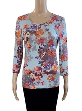 BASLER Blue Floral 3/4 Sleeve Scoop Neck Jersey Stretch Knit Top 38 / S