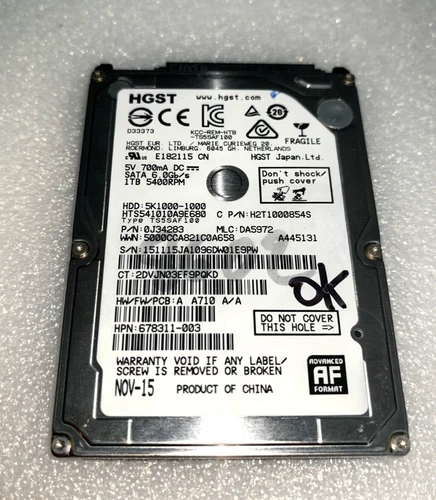 Disque dur SATA 2.5"  1To HGST HTS541010A9E680 100% Fonctionnel