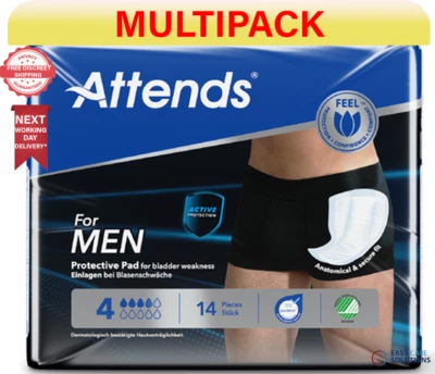 168 x Attends For Men Level 4 Protective Pads |Incontinence Pads |12 Packs of 14