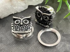 PAIR Owl w/Black Gem Eyes Steel Screw Fit Tunnels Ear Plugs Earlets Gauges