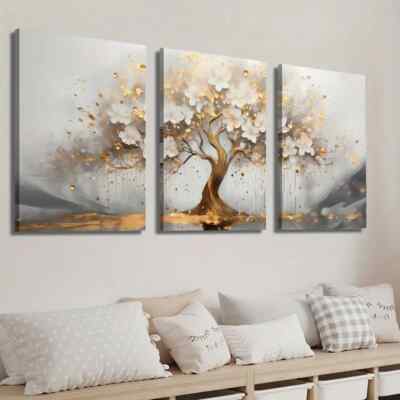 3pcs Abstract Golden Tree with White Flowers Wall Art Canvas Unframed/Framed