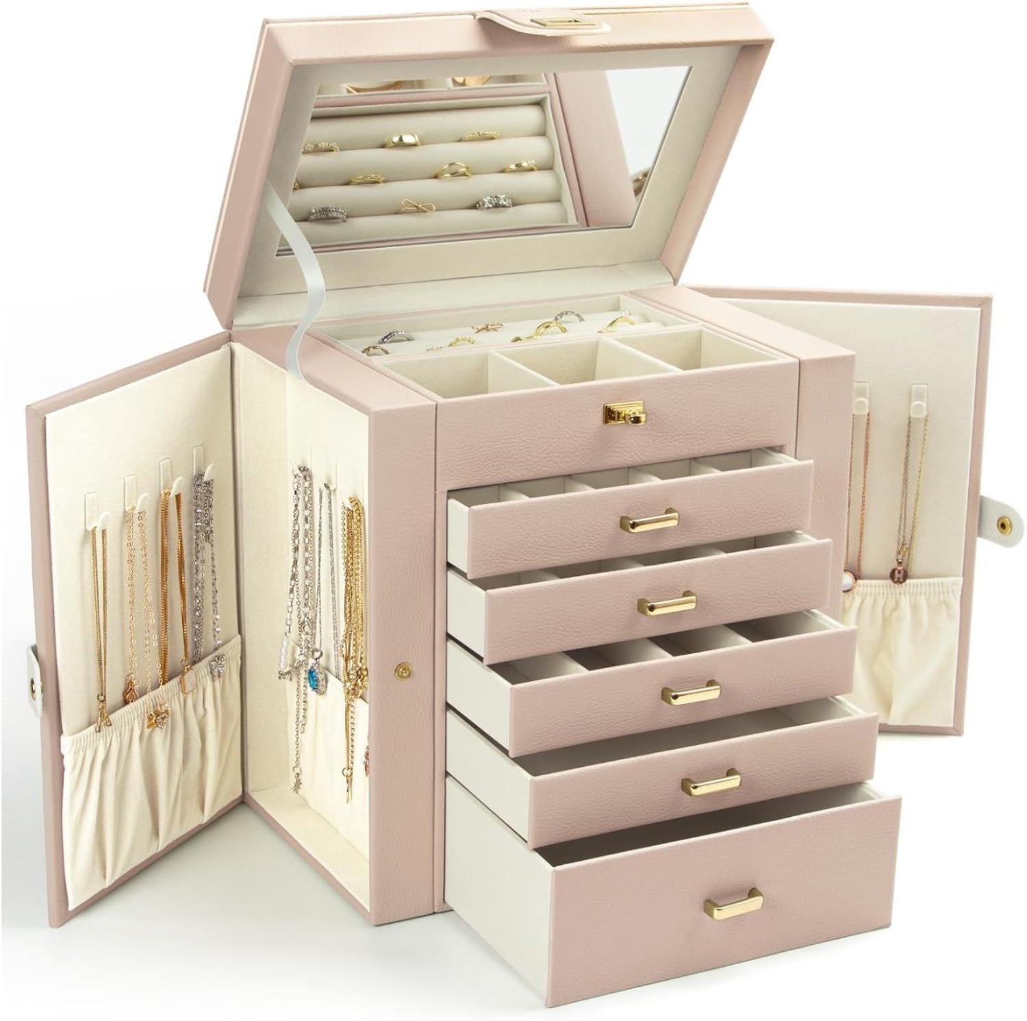 Jewelry Box for Women, 6-Layer Large Jewelry Organizer Box with Mirror & 5 Drawe-image