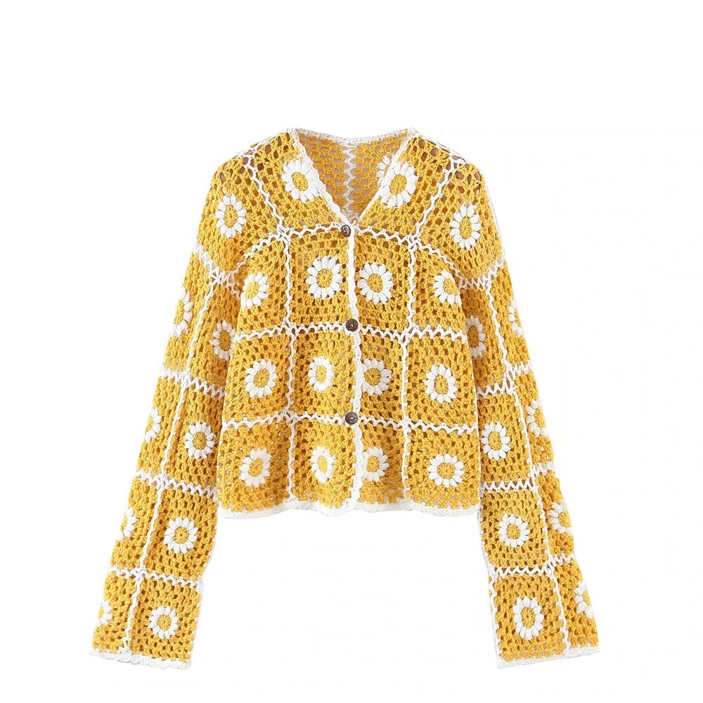 Yellow Sunflower Crochet Cardigan 