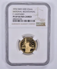1976 SWO-52ID 23mm National Bicentennial F Gasparro Gold PF69 UCAM NGC *9117