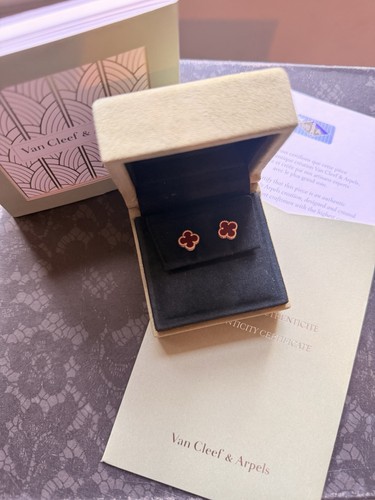 Van Clef & Arpels Sweet Alhambra carnelian Rose Gold18ct studs box paper Yr2024