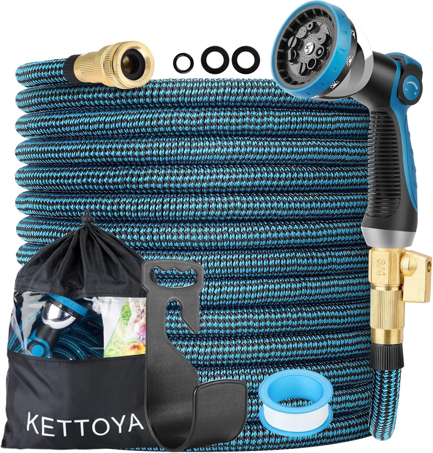 100FT Expandable Garden Hose with 10-Pattern Spray Nozzle, Leak-Proof Heavy