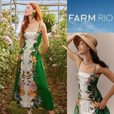 NEW NWT Farm Rio Sweet Bloom Dreamscape Linen Blend Sleeveless Midi Dress Size M