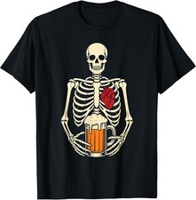 Halloween Skeleton Skull Rib Cage Line Art Tee for Beer Enthusiasts
