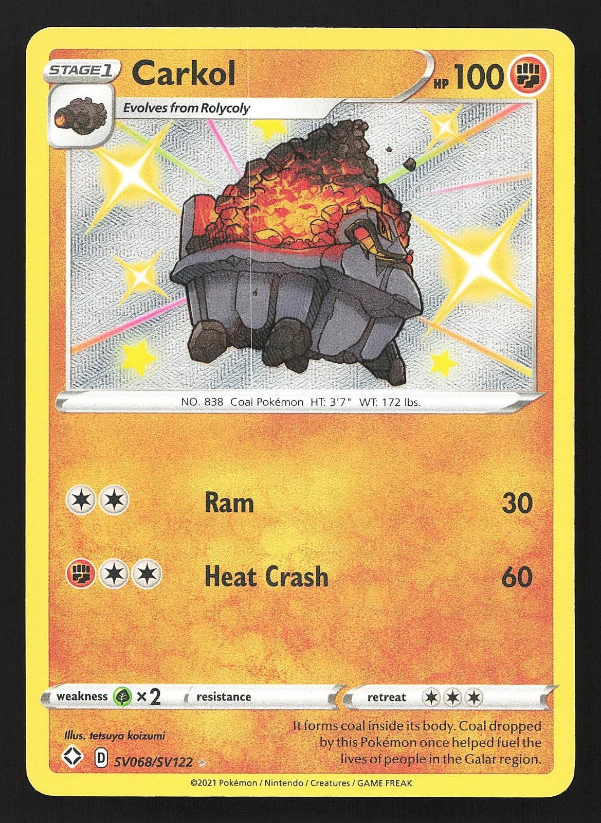 Carkol Shining Fates: Shiny Vault SV068/SV122 Holo Shiny Holo Rare Pokemon NM