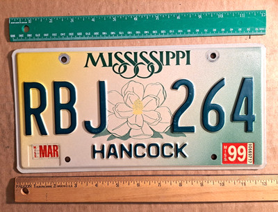 License Plate, Mississippi, 1999, Passenger, RBJ Magnolia flower 264