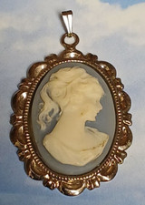 Blue Tone Lucite Carved Faux Cmeo Pendant in Scalloped Gold Tone Setting