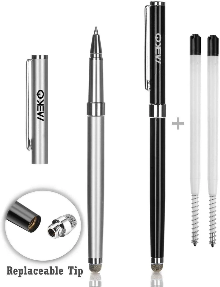 2-in-1 Stylus Pen Universal Use Meko Micro Fiber Tip Fine Ball Pen Black Silver - Image 2 of 2