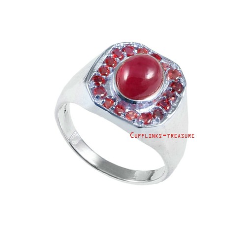 Natural Ruby & Garnet Gemstones With 925 Sterling Silver Ring For Men's #541 - Picture 1 of 4
