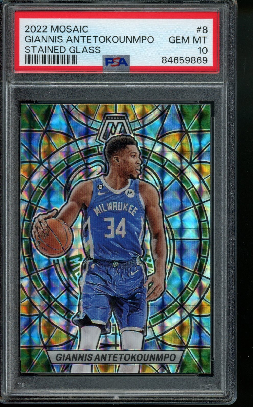 2022 Giannis Antetokounmpo Mosaic Stained Glass #8 Prizm PSA 10 GEM MT CASE HIT!
