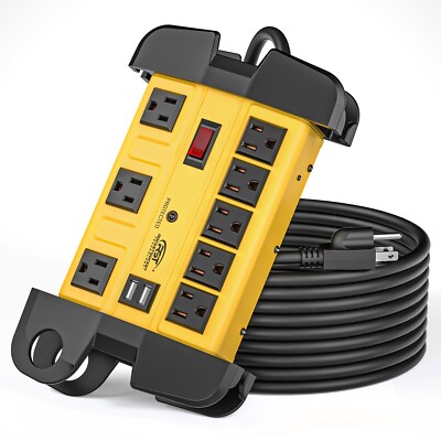 Heavy Duty Power Strip, 8 Outlets + 2 USB Ports with Surge Protector 15ft Cord