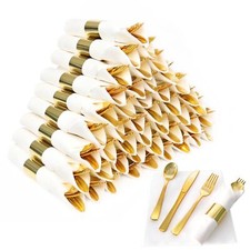 50 Pack Pre Rolled Gold Plastic Silverware Set Wrapped Plastic Cutlery Set wi...