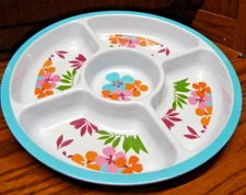 Melamine Ware Chip & Dip Tray Small 11.5" Summer Teal/ White Floral Design   984