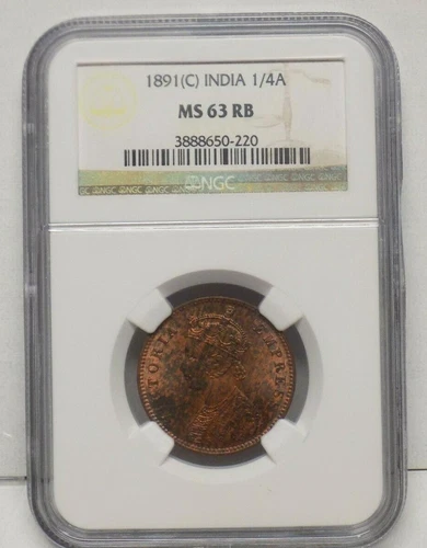 INDIA GREAT BRITAIN 1891(C) 1/4A 1/4 ANNA NGC MS63  MS 63 RB Certified Coin 