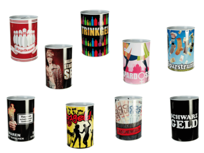 6er SET witzige Spardose GeschenkIdee m.coolen Sprüchen Design Sparbüchse Kasse