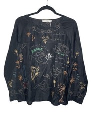 Johnny Was S Yogi Womens Blouse Black Silk Embroidered Yoga Boho Tunic Top