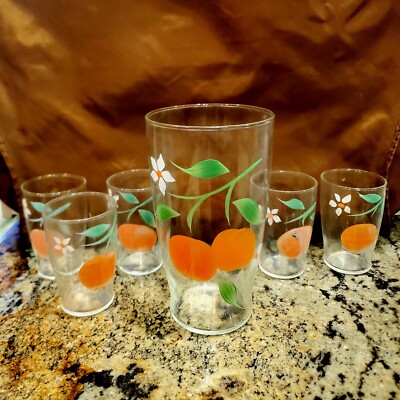 VTG 1950' s Tropicana Painted Orange Blossom Glass Pitcher and 5 Juice  Glasses | eBay