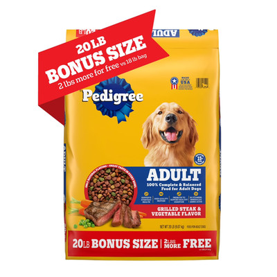 Adult Dry Dog Food Grilled Steak & Vegetable Flavor 20 lb. Bonus Size Bag NEW
