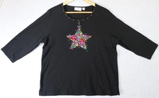 Quacker Factory Large Christmas Tunic Top Black Embroidered Jewel Star Ornament