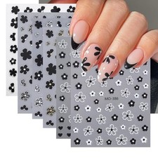 6 Sheets Black White Flower Nail Art Stickers Decals, 3D Self-Adhesive Floral