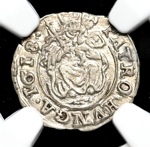 HUNGARY. Matthias II, 1612-1619. Silver Denar, Kremnitz mint, 1618-KB, NGC AU58