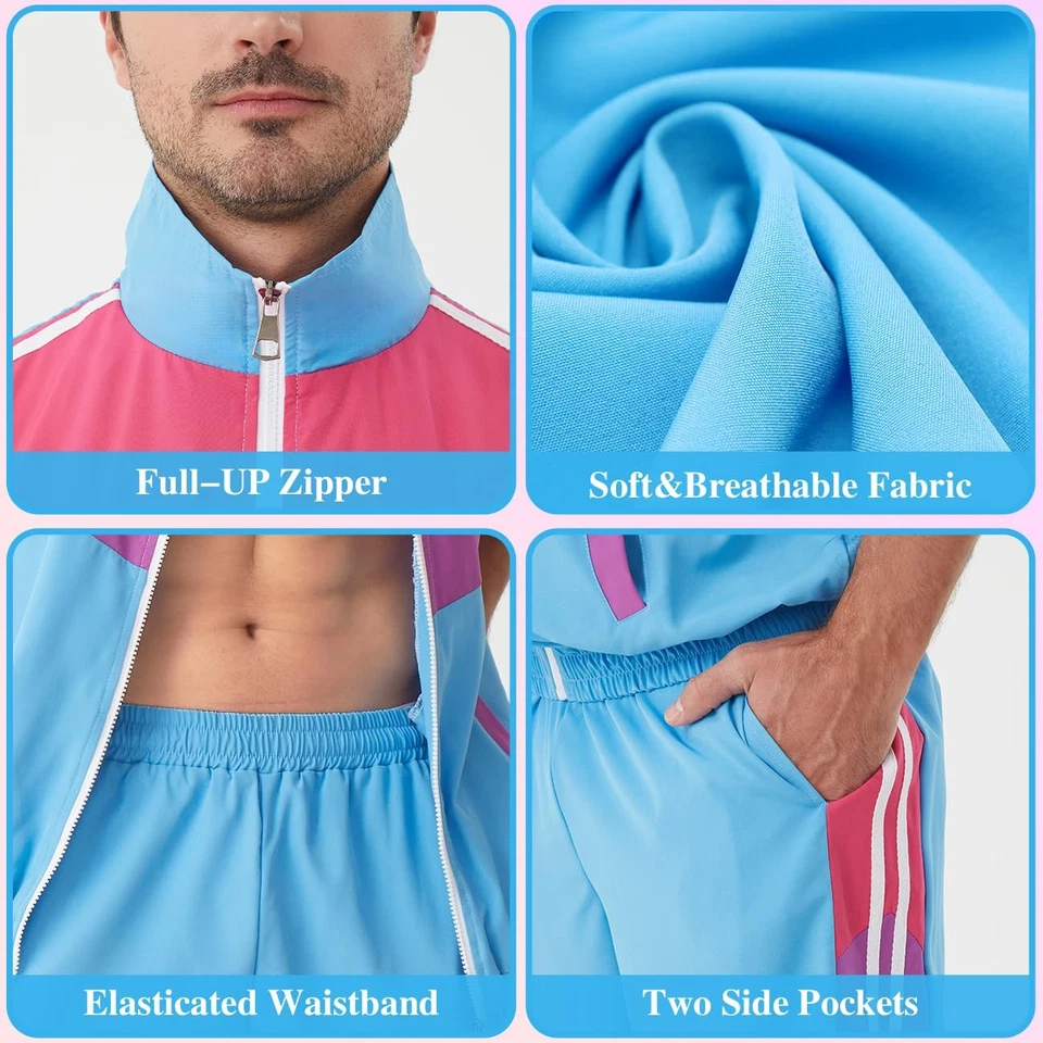 80 年代男式 90 年代田径套装男式复古色块短袖夹克... — 第 3/4 张图片