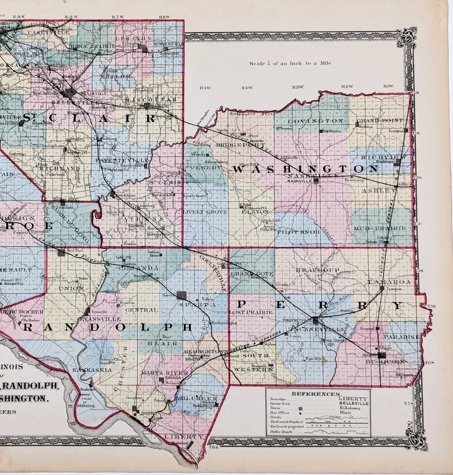 Mapa del condado de Illinois 1875 ST CLAIR MONROE RANDOLPH PERRY WASHINGTON (16X13) Foto 3 de 4