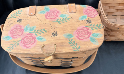 + a BONUS L Basket - Longaberger G13 Rectangular Wood Floral Painted Lid Basket