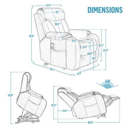 Elderly Electric Power Lift Recliner Chair 140° Adjustable Sofa Extend Footrest - Picture 9 of 9