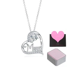Mom I Love You 925 Sterling Silver CZ Heart Pendant Necklace Mother's Day Gift