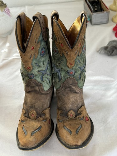 Dan Post Vintage Bluebird Youth Size 3 Brown Teal Pull On Western Heel Boot Rare